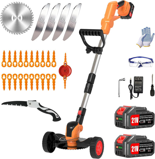 Electric Weed Wacker, Cordless Eater Battery Powered Eater Lightweight Edger Portable Stringless Grass Trimmer/Lawn Mower/Brush Cutter, with 3 Types Blades & Wheels for Yard and Garden
