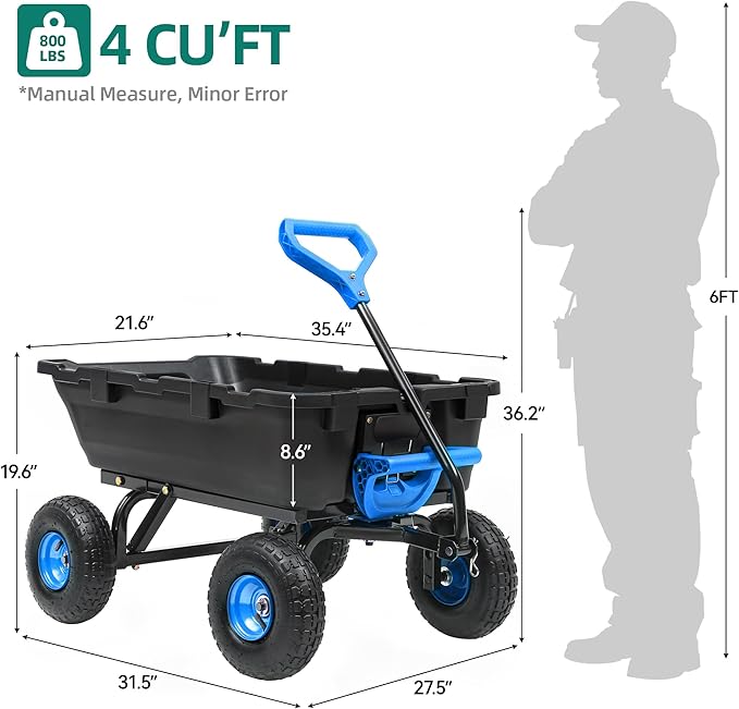 800lb Garden Dump Cart,Utility Wagon Wheelbarrows with Quick-Release System&4 Pneumatic Tires,Heavy Duty Yard Dump Wagon with Steel Frame for Yard, Farm, Garden and Holiday Hauling (Blue)