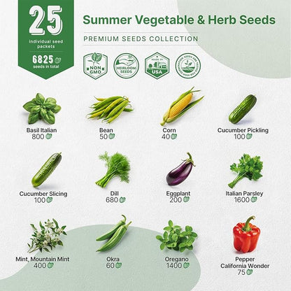 Organo Republic 25 Summer Vegetable & Herb Garden Seeds Variety Pack - 6,820+ Non-GMO Heirloom Veggie & Herb Seeds for Outdoors & Indoor Home Gardening: Tomato, Okra, Bean, Cucumber, Basil, Rosemary