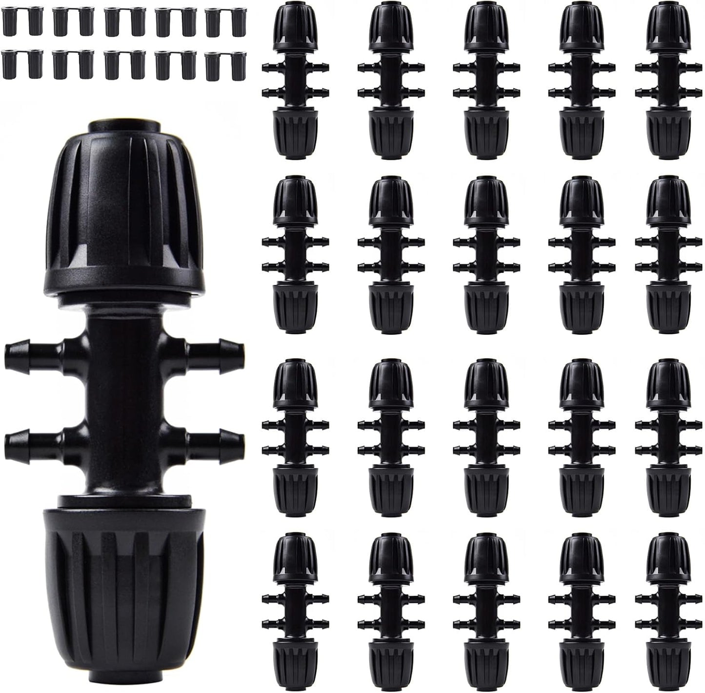 Kalolary 20PCS Barbed Tee 1/2" to 1/4" Drip Irrigation Fittings, Anti-Drop Barbed Hose Parts Connectors for 12mm/16mm to 4mm/7mm Drip Systems 6 Way Adapter（Black）