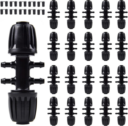 Kalolary 20PCS Barbed Tee 1/2" to 1/4" Drip Irrigation Fittings, Anti-Drop Barbed Hose Parts Connectors for 12mm/16mm to 4mm/7mm Drip Systems 6 Way Adapter（Black）