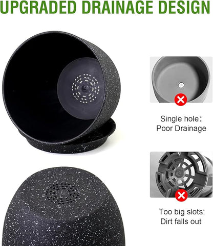 Plant Pots 10/9/8 inch, Set of 3 Modern Decorative Plastic Planters with Drainage Holes and Saucers for Garden House Plants, Flower Pots for Indoor Outdoor Plants, Speckled Black