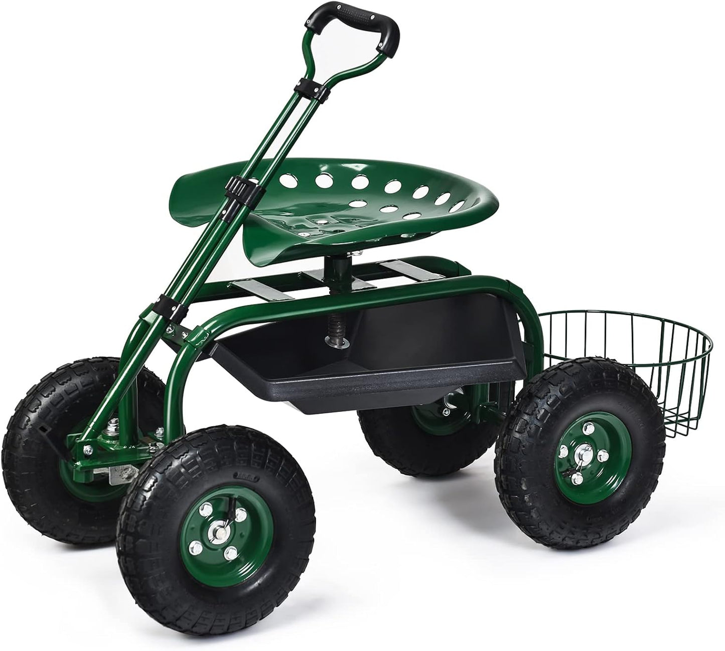 IRONMAX Garden Cart with Seat, Gardening Rolling Stool Scooter with 10’’ All-Terrain Wheels, Adjustable Steering Handle & Tool Tray and Basket for Outdoor Planting