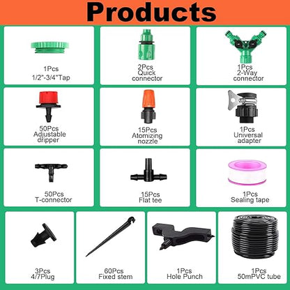 Drip Irrigation System Kit, 164Ft Automatic Quick Connector Adjustable Garden Watering System for Greenhouse, Yard, Lawn, Plant with Irrigation Tubing Hose and Accessories