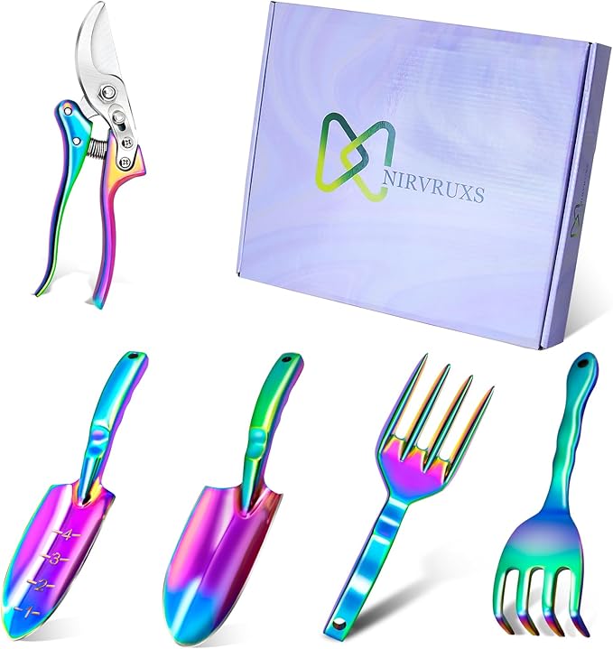 Rainbow Gardening Tool Set, Shovel, Pruning Shears and Hand Fork Gardening Hand toolsgardening Supplies (5 Pieces) Gardening Gifts for Women