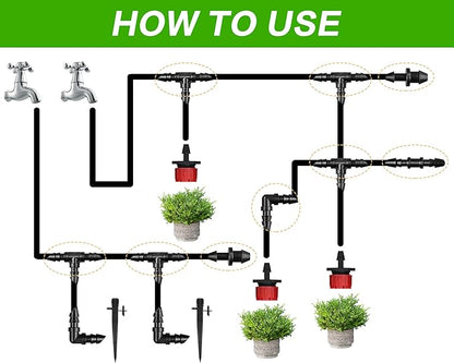 JAYEE Irrigation Fittings Kit for 1/4" Tubing 110 Piece Set - 50 Couplings,30 Tees, 20 Elbows, 10 End Plugs - Barbed Connectors for Drip or Sprinkler Systems