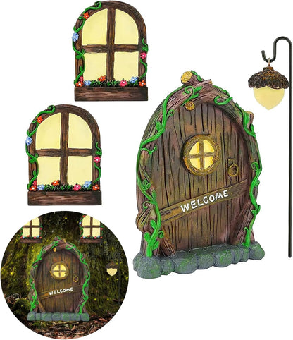 Miniature Fairy Garden Accessories: Glow in The Dark Fairy Door and Windows for Trees, Green Resin Garden Ornament with Lantern