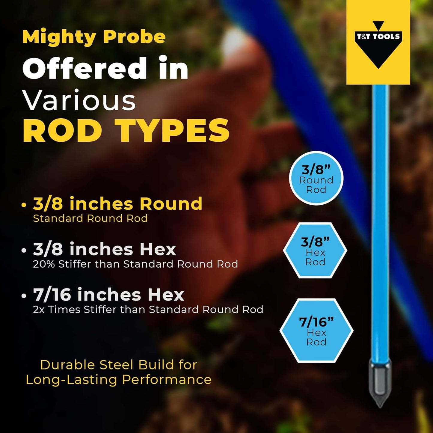 T&T Tools 48-Inch Mighty Probe Insulated Metal Soil Probe – 3/8" Metal Round Rod, Heavy Duty Design for Easy Penetration & Withdrawal, Soil Testing & Landscaping Tools, T-Handle, USA-Made-4 Pack