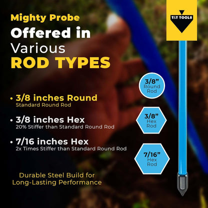 T&T Tools 48-Inch Mighty Probe Insulated Metal Soil Probe – 3/8" Metal Round Rod, Heavy Duty Design for Easy Penetration & Withdrawal, Soil Testing & Landscaping Tools, T-Handle, USA-Made-4 Pack