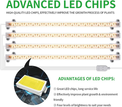 LED Plant Growing lamp, 3500K Full Spectrum Grow Light Strips for Indoor Plants with 3/9/12H Timer & 10 Dimmable Levels, Led Growth Light for Green House Hydroponics Succulent 13In 4Head