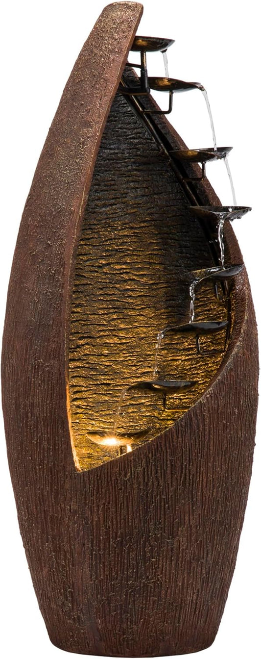 Alpine Corporation GIL122 43" Outdoor Floor Contemporary Tiered Bronze Metal Water Fountain with LED Lights, Stylish Outdoor Water Feature for Garden and Patio Décor, Brown