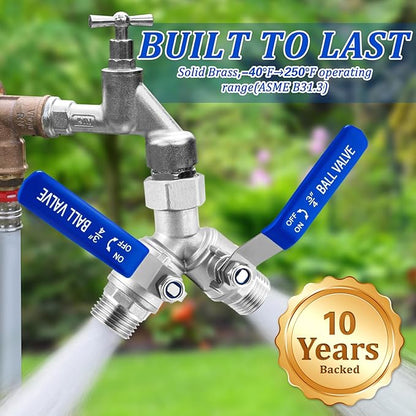 304 Stainless Steel Garden Hose Splitter 2 Way Heavy Duty, Full Flow Water Hose Splitter with Long Handle, Lead-Free, 3/4" GHT Thread, with 2 Washers, 1 Tape & Wrench