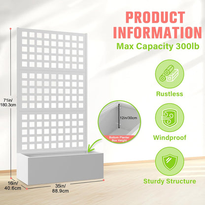 Metal Planter Box with Trellis, Raised Garder Bed with Drainage Hole, Outdoor Privacy Screen & Trellis for Climbing Plants, Plant Stands, 35''L×16''W×71''H, White