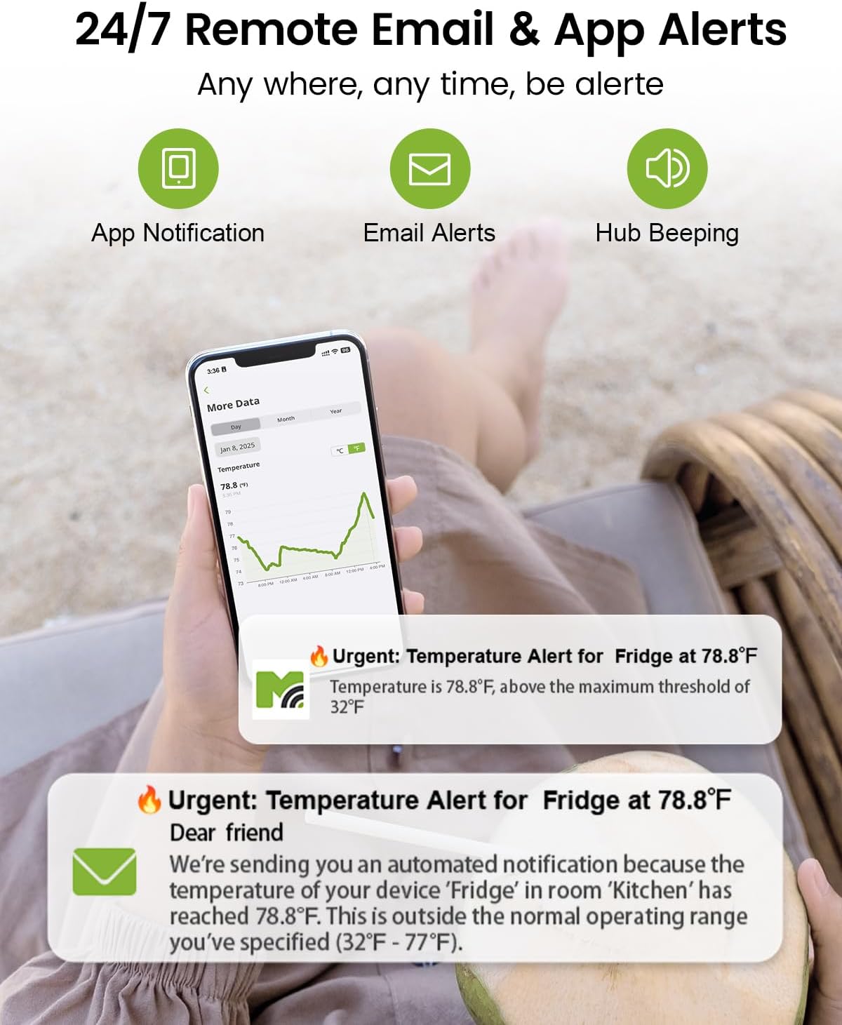 MOCREO WiFi Remote Thermometer Freezer Alarm, 1/3 Mile Long Range, with IP67 Waterproof Probe, App Email Alert, with Digital Monitor Hub, 2 Smart Temperature Sensors for Hot Tub, Pool, RV, Pet Cage