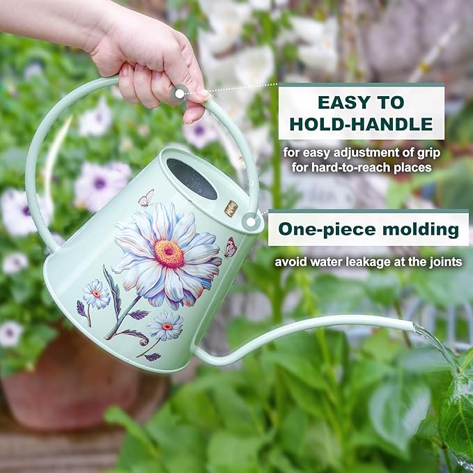 Berry&Bird House Plants Watering Can - Indoor&Outdoor 1/2 Gallon Stainless Steel Water Can with Long Spout Garden Decoration for Flower Bonsai Succulent Gardening Large Water Bottle (Bellis Perennis)