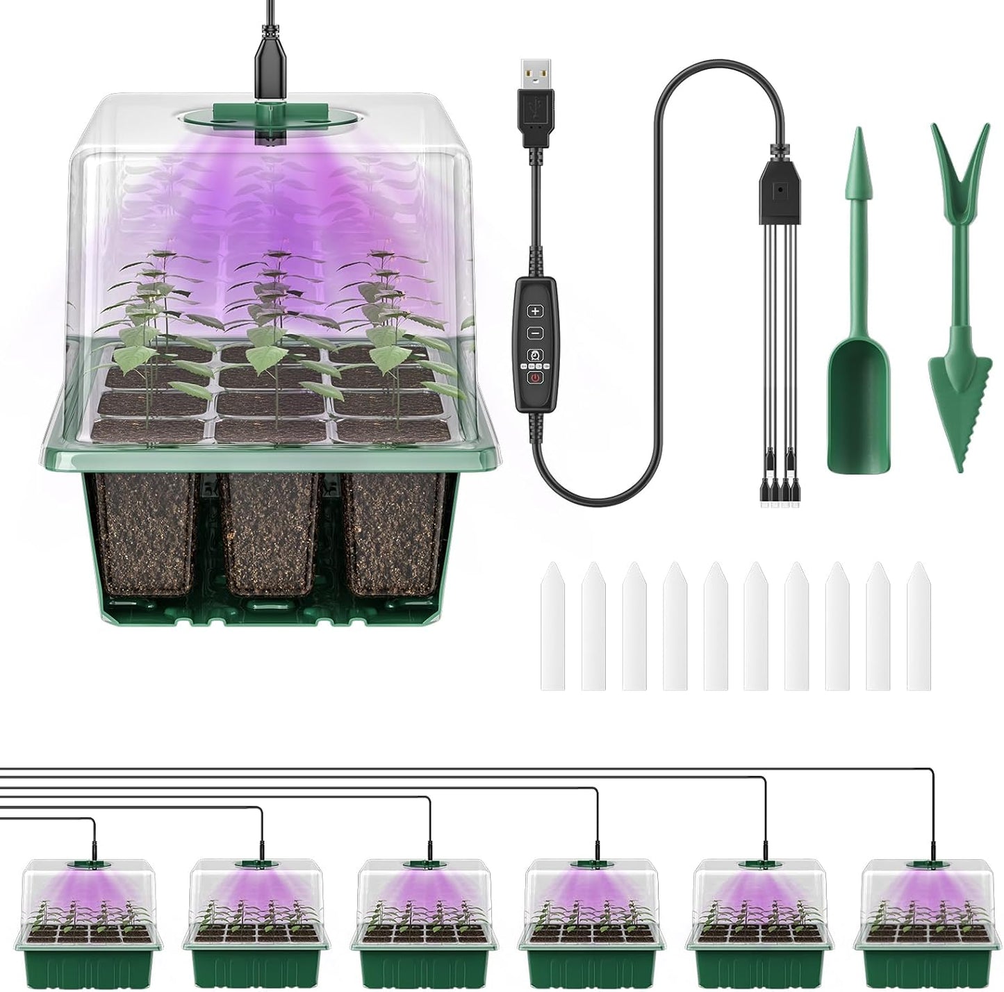 Pawfly 6 Pack Seed Starter Kit, 72 Cells, Seed Starter Trays with Adjustable Grow Lights & 3.9" Humidity Domes, Indoor Seedling Starter Trays, Reusable Plant Germination Trays, Seed Starting Trays