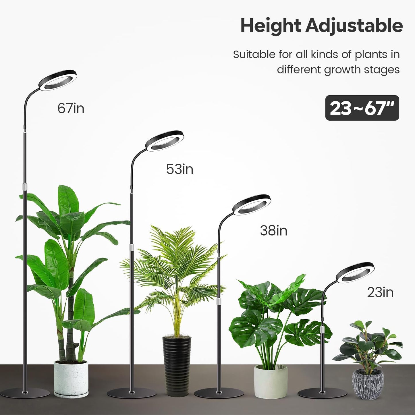 Garpsen Grow Lights for Indoor Plants, Full Spectrum LED Plant Light with Stand, 3 Color Modes Floor Grow Lamp with Timer 6/12/16H, 5 Dimmable Levels, 67'' Adjustable Height for Large Plants