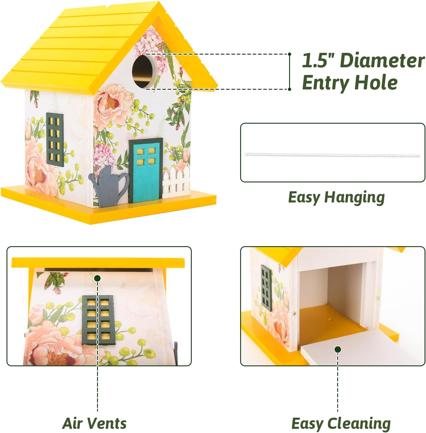 Spring Melody Bluebird House, Composite Material Nesting Box, Hanging Birdhouse for Blue Bird,Sparrow, Chickadee, Birdhouse for Outside, 5 Years Weatherable Bird Box on Post for Pole (Garden Cottage)