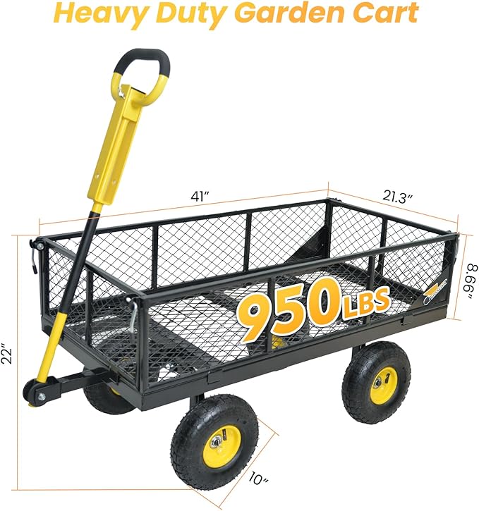 950 lbs Steel Garden Cart, Heavy Duty Yard Utility Wagon with 10" Pneumatic Tires, Removable Mesh Sides and 180° Rotating Anti-Slip 2-in-1 Convertible Handle