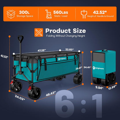 48" L Collapsible Wagon Cart Foldable, 560lbs Weight Capacity 300L Heavy Duty Folding Beach Wagons with Big All-Terrain Wheels, Utility Carts for Groceries, Shopping, Camping, Sports - Grey&Turquoise