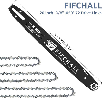 20 Inch Chainsaw Bar & Chain Combo for Husqvarna 20" 72 Drive Links 3/8" Pitch .050" Gauge Fits Husqvarna 455 Rancher 555 Rancher 570 576XP 257 365 372XP, Poulan PP5020AV PR5020 (3 Chains+ 1Bar)