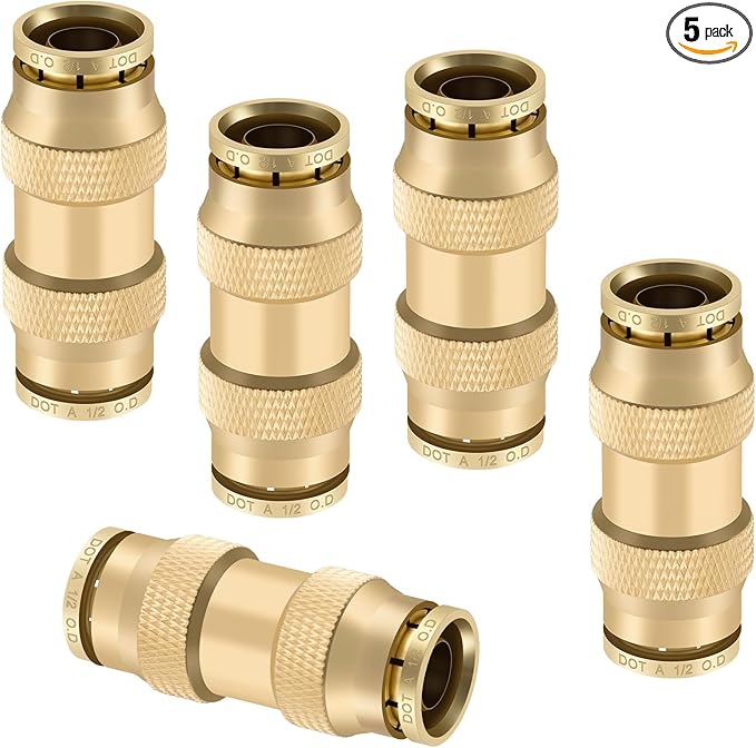 1/2" Quick Push to Connect Fittings Brass Union Straight Joint DOT Approved 1/2 inch tube OD Air Line Adapter Air Spring Suspension Kit for Car Truck Trailers and Air Brake System 5pcs