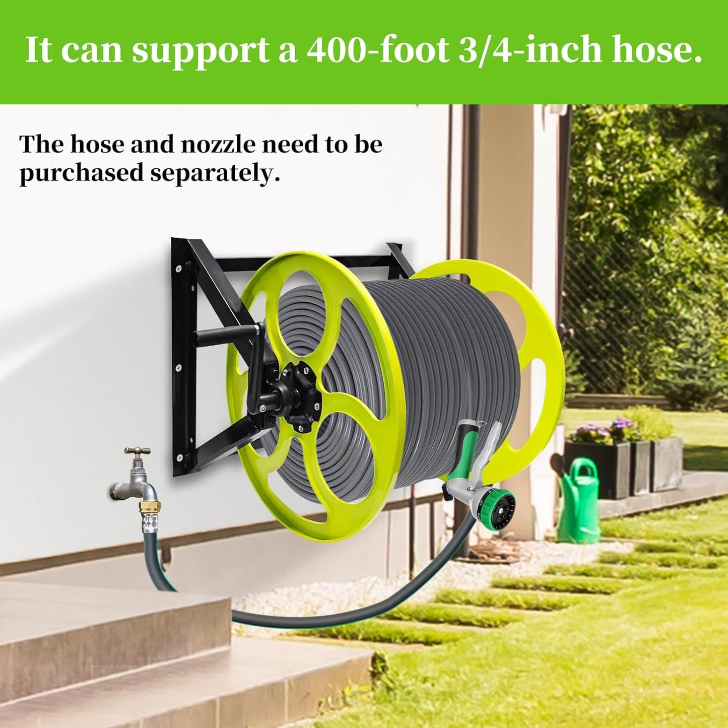 Stainless Steel Garden Hose Reel for 5/8" stainless steels Hoses Reel with Crank Handle Hose Reel Wall Mount 3/4 in Brass Fitting for Hassle-free Outdoor ， Holds up to 400-Ft (Hose not included)