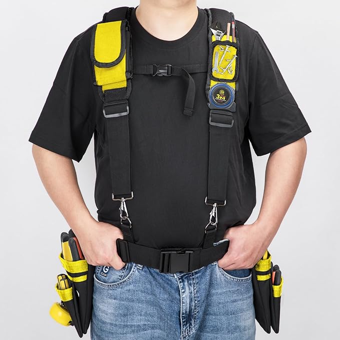 Tool Belt With Suspenders, 24 Pockets Tool Bag with Magnetic Wristband, Detachable Tool Pouch Bag, Adjustable Waists for Men Electrician Carpenter Construction (Yellow)