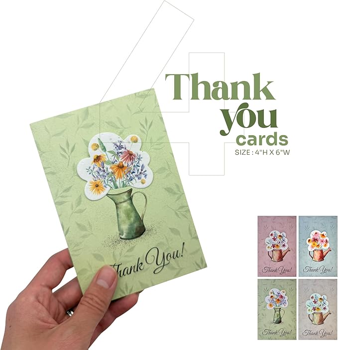 Seed Paper Thank You Cards – 4 Plantable Bouquet Inserts with Wildflower Seeds, 4 Greeting Cards & Envelopes, Unique Gift for Mothers, Garden Lovers, Birthdays, Weddings & Special Occasions