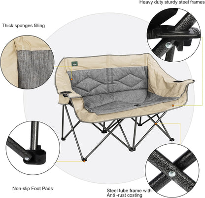 Northroad Folding Loveseat Camping Chair Portable Double Duo Full Padded Garden Chair for 2 Person Sofa w/ 2 Cup Holder,Wine Glass Holder,Mesh Storage,Support 600lbs for Picnic Beach Travel (Beige)