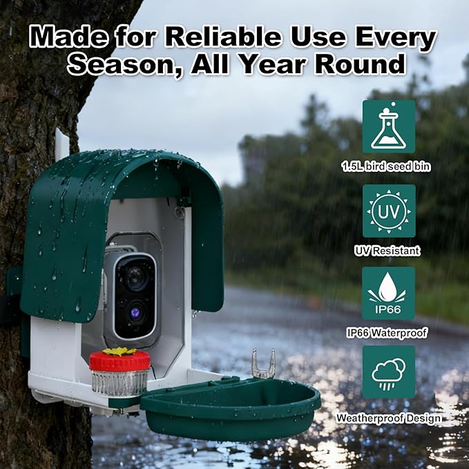 Bird Feeder Camera with 4K HD, App Alerts & Two-Way Audio, Solar Panel, 32GB Card 4-in-1 Perch, 160° View, Auto Detect & AI Identify - Wireless Outdoors Weatherproof Design (Light Green)