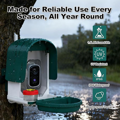 Bird Feeder Camera with 4K HD, App Alerts & Two-Way Audio, Solar Panel, 32GB Card 4-in-1 Perch, 160° View, Auto Detect & AI Identify - Wireless Outdoors Weatherproof Design (Light Green)