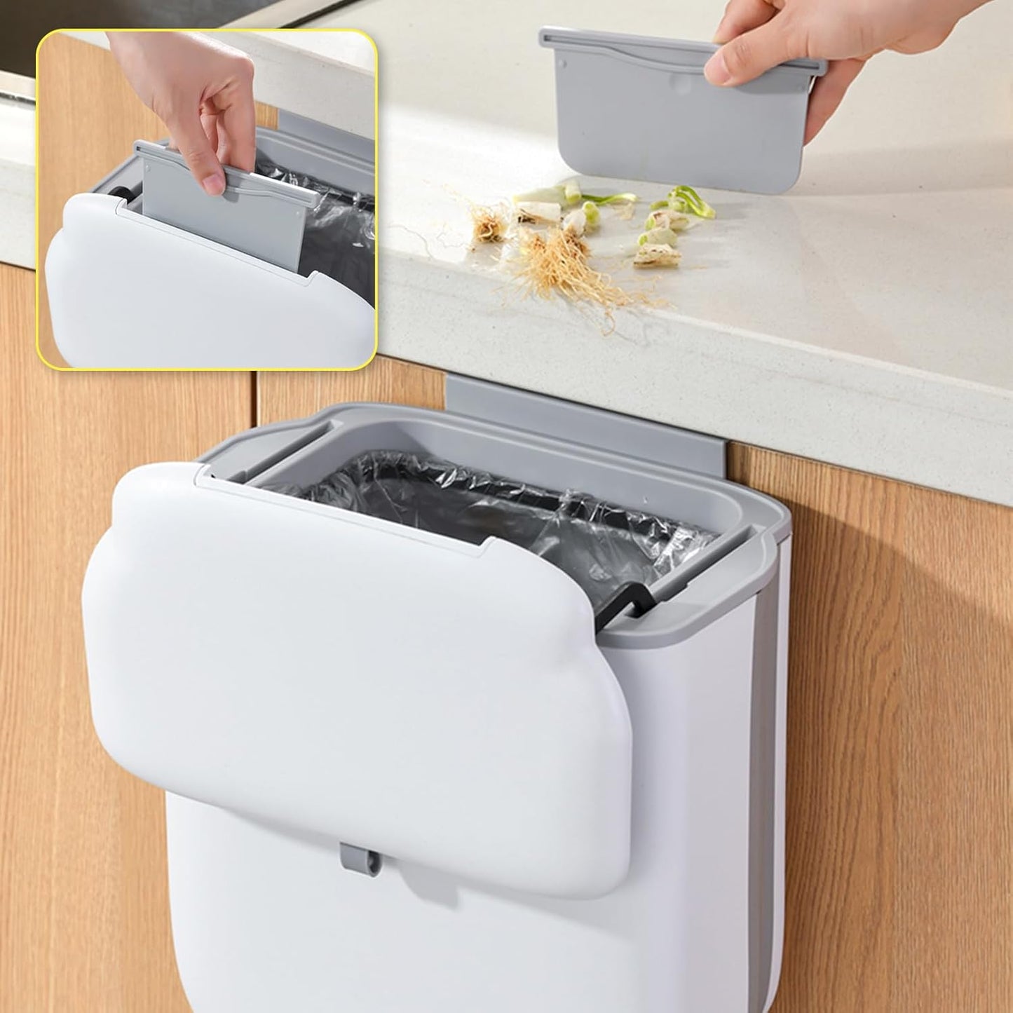 Soddeph 3.2 Gallon Foldable Hanging Trash Can with Lid for Cabinet Door,Kitchen Compost Bin,Wall-Mounted Plastic Garbage Can for Countertop or Under Sink, Bathroom and RV (White with lid)