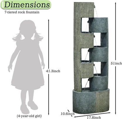 51 Inch Outdoor Water Fountain with LED Lights Tiered Waterfall Fountain Garden Water Feature Durable Resin Fiberglass with Pump Stones Weatherproof Indoor Outdoor Patio Decor