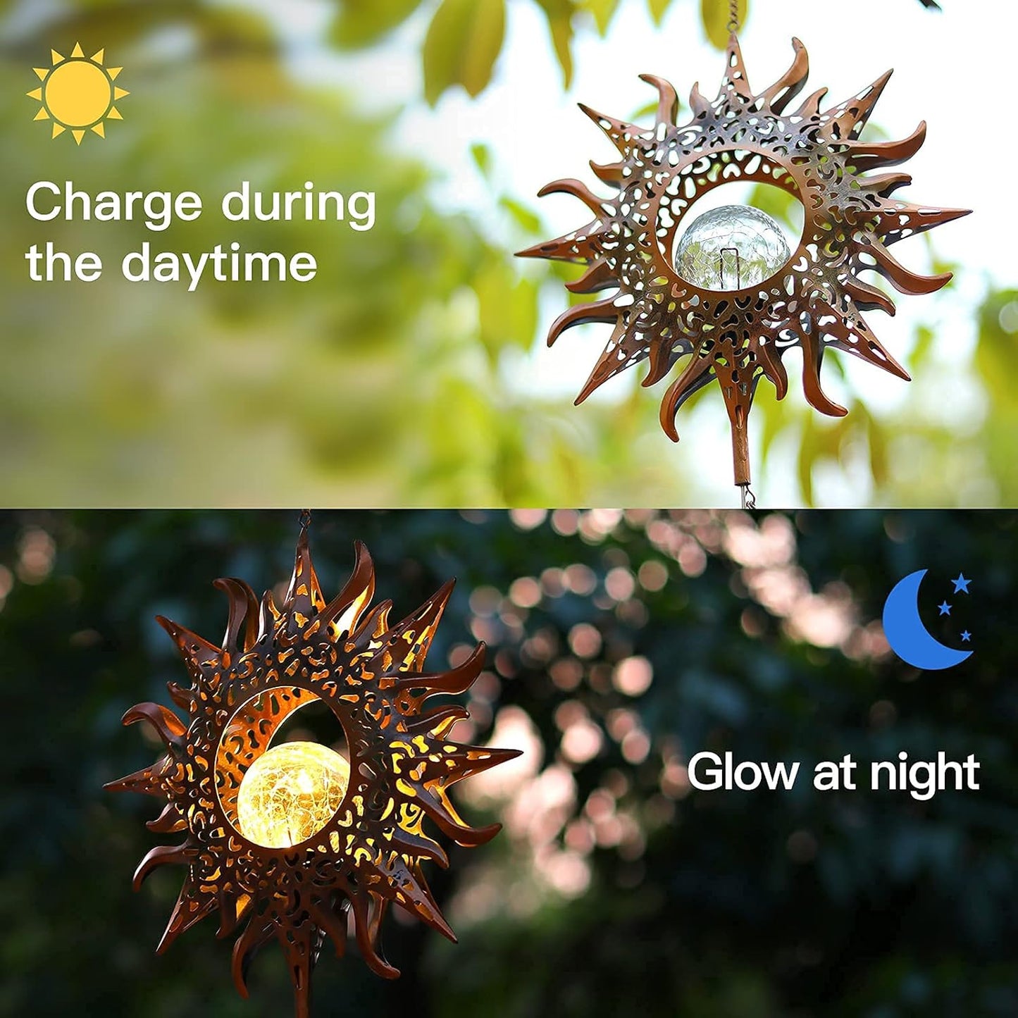 Solar Wind Chimes, Sun Wind Chime Outdoor Clearance w/Glowing Crackle Glass LED Unique Wind Bells for Outside Waterproof Chimes, Gifts for Her/Him (42" Long Metal Chimes)…