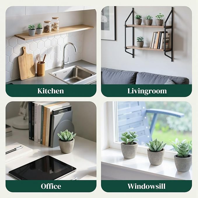DomeStar 6PCS Small Fake Plants, Artificial Succulents Plants for Home Office Bathroom Kitchen Decor Green