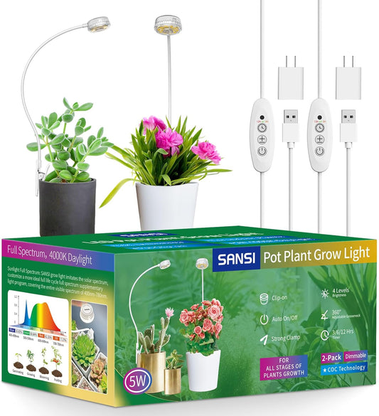 SANSI Grow Lights for Indoor Plants, ETL Listed Pot Clip LED Plant Lights for Indoor Growing, Full Spectrum, 4-Level Dimmable, Auto On Off 3 6 12 Hrs Timer for Small Plants,Garden White 5V 2-Pack