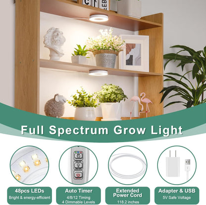 LORDEM Grow Light for Indoor Plants, 48 LEDs Ceiling Full Spectrum Plant Light, 5V Corded Growing Lamp with 4/8/12H Auto Switch, 4 Dimmable Brightness Levels, Single-Head, 2 Pack
