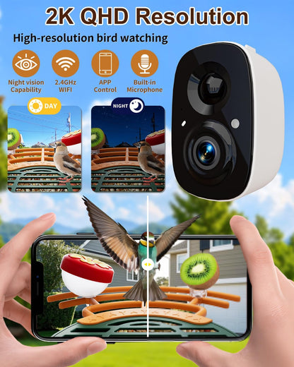 Smart Bird Feeder with Camera, Solar Powered Wireless Birds 2K HD Camera with APP Control, Night Vision, Motion Detection Alerts, IP66 Outdoor Birdfeeder for Backyard Garden Bird Watching, Green