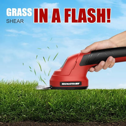 NEU MASTER Cordless Grass Shear, 2-in-1 Handheld Hedge Trimmer, 7.2V Electric Grass Trimmer with Type-C Cable and 2.0Ah Rechargeable Battery, Lightweight Shrubbery Trimmer for Garden Yard Lawn