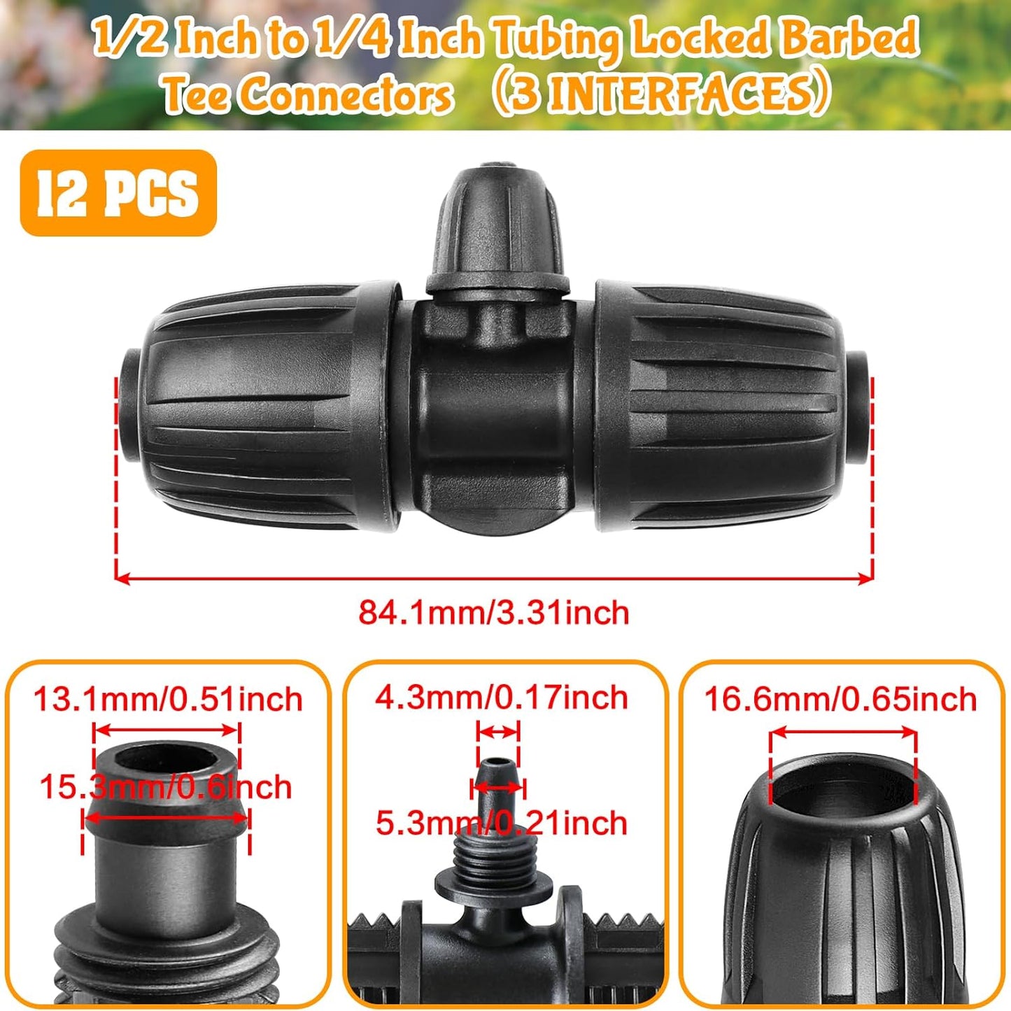 Drip Irrigation Fittings for 1/2 Inch to 1/4 Inch Tubing Reducing Tee：1/2" (1/2" ID x 0.65" OD) to 1/4" Drip Line Anti-drop Locked Nut Barbed Reducer 3 Way Tee Connectors (12 Pack)