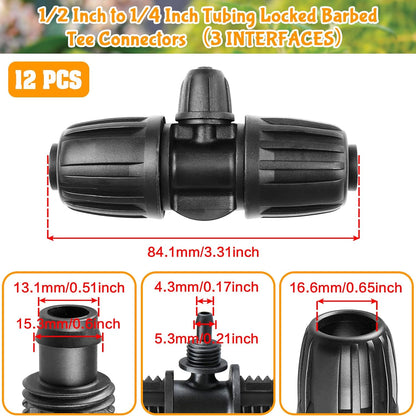 Drip Irrigation Fittings for 1/2 Inch to 1/4 Inch Tubing Reducing Tee：1/2" (1/2" ID x 0.65" OD) to 1/4" Drip Line Anti-drop Locked Nut Barbed Reducer 3 Way Tee Connectors (12 Pack)