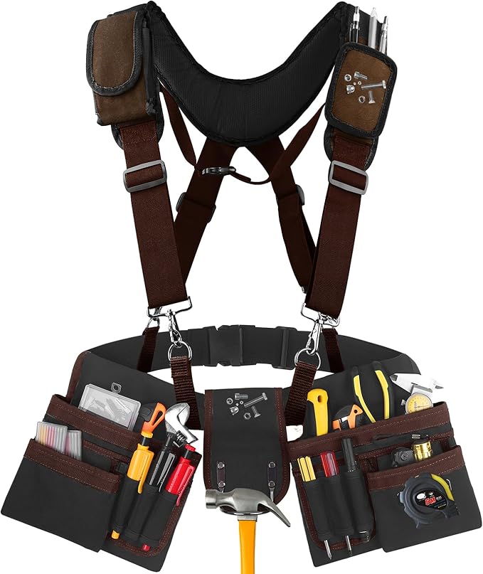 Tool Belt With Suspenders, 24 Pockets Tool Bag with Magnetic Wristband, Detachable Tool Pouch Bag, Adjustable Waists for Men Electrician Carpenter Construction (Brown)