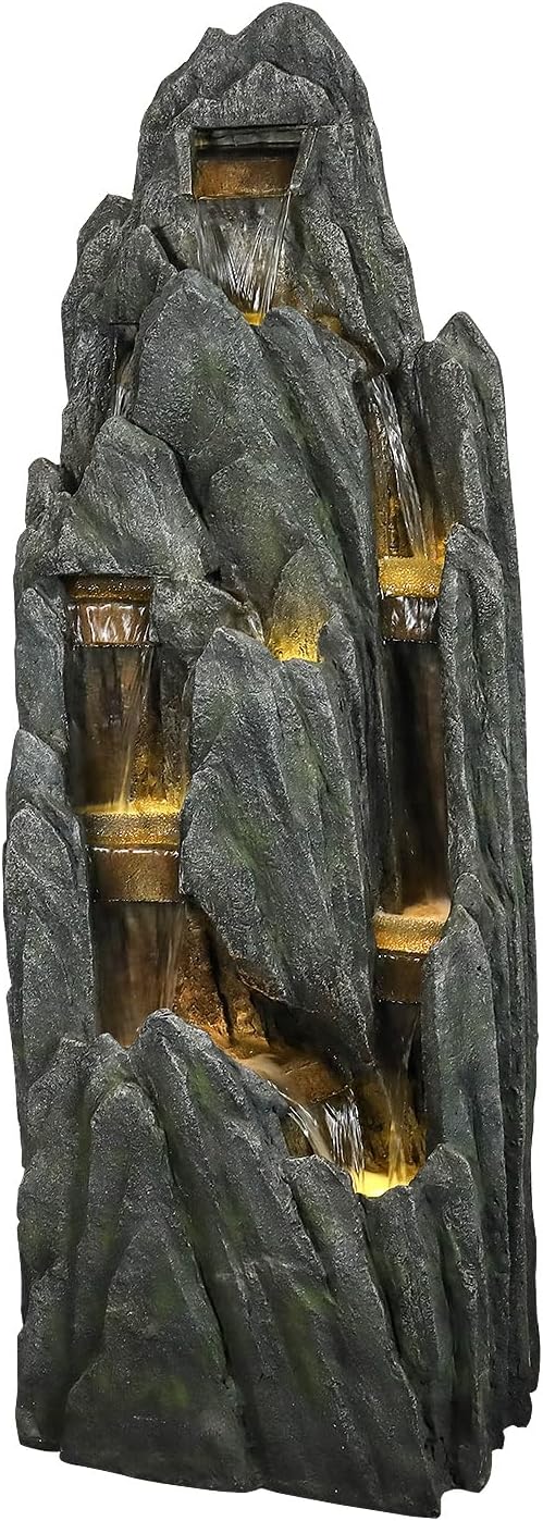 SunJet Outdoor Rockery Water Fountain with LED Lights - 51" Tall Resin Cascading Fountains and Waterfalls Feature for Patio, Yard, Garden Decor, Featuring Realistic Natural Stone Look