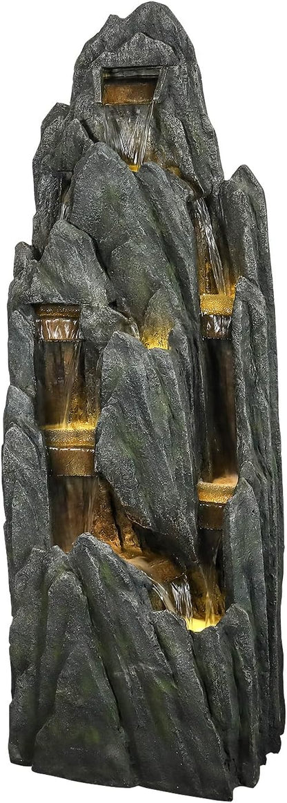 SunJet Outdoor Rockery Water Fountain with LED Lights - 51" Tall Resin Cascading Fountains and Waterfalls Feature for Patio, Yard, Garden Decor, Featuring Realistic Natural Stone Look
