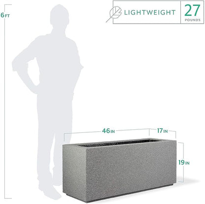 PolyStone Milan Tall Modern Outdoor/Indoor Rectangular Trough Planter, 46" L X 17" W X 19" H, Lightweight, Heavy Duty, Weather Resistant, Polymer Finish, Commercial and Residential (Gray Granite)
