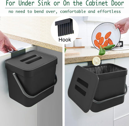 Kitchen Trash Can with Lid, LALASTAR Wall-Mounted Under Sink Small Garbage Can for Kitchen, Bathroom, Compost Bin Countertop, Cabinet Trash Can Hanging, 1.8 Gallon, (Black, 7L)