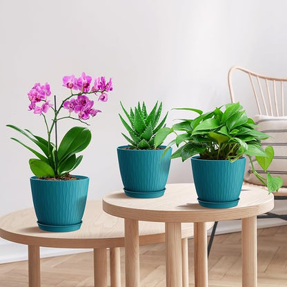 6 inch Plant Pots, 5 Pack Flower Pots with Drainage Holes and Saucers for Indoor Plants, Plastic Planters with Water Ripple for Small Garden House Plants, Nursery Pots for Succulent, Blue Green