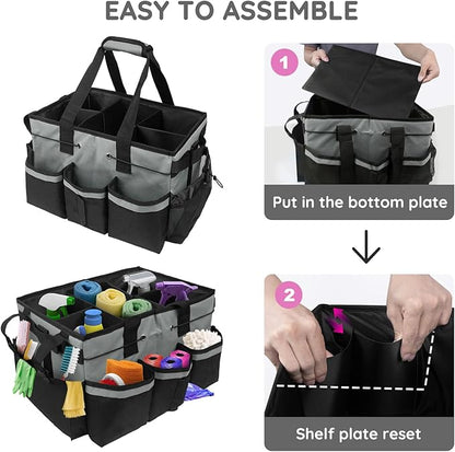 ZKOO Large Cleaning Caddy Bag with Handle, Built-in Sturdy Support Board, Adjustable Shoulder Strap, Multi-compartment Design Cleaning Supply Tote for Cleaners & Housekeepers (Gray)