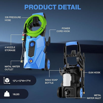 Pressure Cleaner 5000 PSI 2.8 GPM High Power Cleaners with 33ft Pressure Hose, 4 Nozzle and Foam Cannon, for Home, Cars, Fences, Patio (Blue)